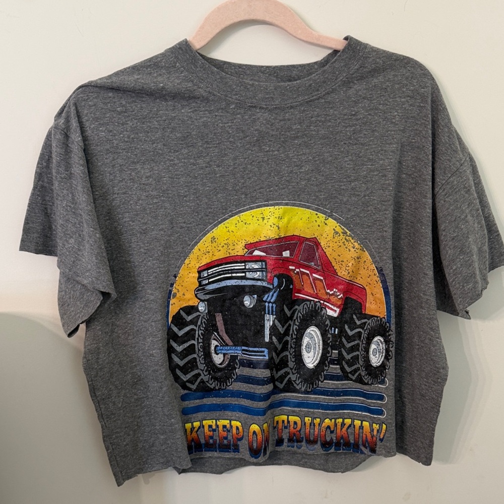 Pebby Forevee Grey Crop Tee with Red Monster Truck Graphic